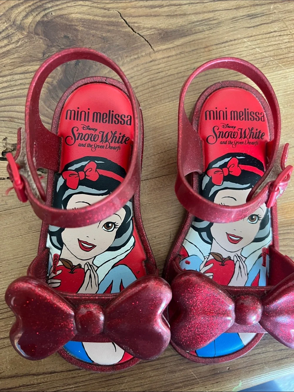 Mini Melissa Red Glitter Bow Sandals with Blue Insole Art